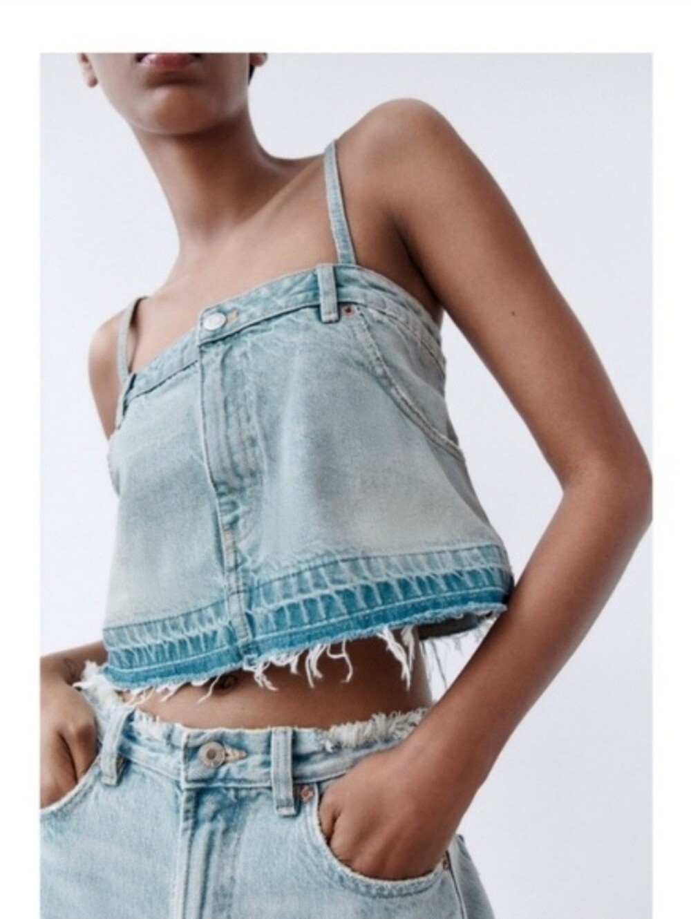 Zara Light Blue Denim Jean Skirt Crop Top Distressed Raw Fray Hem Women's Large